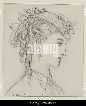 Anais Toudouze (1822-1899). "Frau mit Hut". Hüte ab, dekoriert mit einem Knoten und Blumen. Bleimine, Whitepaper. 1867. Galliera, Modemuseum der Stadt Paris. 37824-7 Frisur, Zeichnung, Frau, Blume, Bleimine, Knoten, kleine Kappe, Profil, Porträt, zweites Reich, Hut Stockfoto