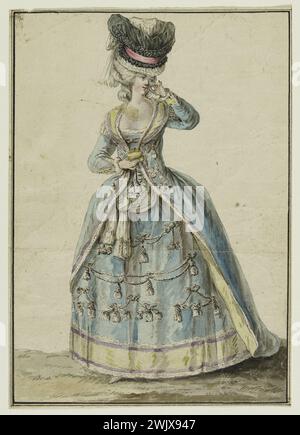Pierre Thomas Leclerc (1740-APR. Nr. 1799). „Gewohnheit als levit, angereichert mit Eicheln, Schulterklappen und Geschäften“. Zeichnung für Dupins Stich, 28. Französische Tracht, 22. Suite (Cornu, V118), (Gaudriault, DD163), in der Galerie des Modes et Kostüumes francais. Legende der Gravur: „Gewohnheit als levit mit Eicheln, Epauletten und Cordonetten bereichert: Der Rock mit einem Streifen in verschiedenen Farben, eine Blonde um den Levit und auf beiden Seiten des Unterrock Verzierung. Weiß und garniert in schwarzem Mullpouf, umgeben von schwarzer Spitze und einem farbigen Band. Schwarze Tuschfeder, graue Waschung, Gouache-Jungs Stockfoto
