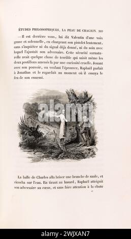 Anonym. "La Skin de Chagrin", Roman von Honoré de Balzac (1799-1850), illustrierte Ausgabe. "Durch zufälliges Ziehen erreichte Raphaël seinen Gegner im Herzen." Stahlgravur. Edition H. Delloye und Victor Lecou, 1838. Paris, Maison de Balzac. Stahlstich, Illustration, die Haut der Trauer, illustre Arbeit, Roman, Wurfarbeiten Stockfoto