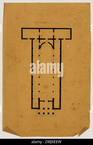 Lèbe-Sigun, Plan der Kirche Saint-Pierre-du-Gros-Caillou. (Dummy-Titel), 1861. Bleistift, Stift und schwarze Tinte, schwarze Waschung auf Schichtpapier. Carnavalet Museum, Geschichte von Paris. Stockfoto