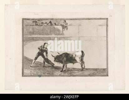 Francisco Goya (1746-1828). "Tauromachie - Pl. 30 - Pedro Romero Matando A Toro Parado - H 233 III1'. Essen, Trockenspitze, Meißel und Aquatint - erste Ausgabe. Museum der Schönen Künste der Stadt Paris, Petit Palais. Tauromachie - Pl. 30 - Pedro Romero tötet Toro Parado - H 233 III1 Konfrontation, Aquatint, Arena, Arene, Bull, Stierkampf, Meißel und Aquatinte, Copote, Campote, Dry Point, Ette, Ätzen, Kampf, First Edition, Kill, Matador, Pointe Sêche, Premiere Edition, Öffentlich, Zuschauer, Taureau, Stierkämpfer, töten, kämpfen, Konfrontation Stockfoto