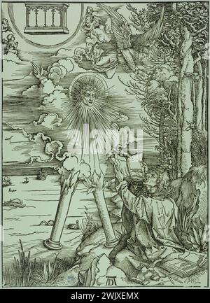 Albrecht Dürer (1471-1528). „Heiliger Johannes verschlingen das Bartsch 70 Buch des Lebens; lateinische Ausgabe“. Holzstich, um 1498. Museum der Schönen Künste der Stadt Paris, Petit Palais. Apokalypse, katholisch, christlich, Devour, Holzstich, Lebensbuch, Essen Stockfoto