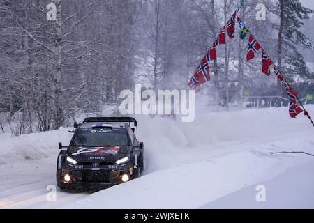 Umea, Schweden. Februar 2024. Kalle Rovanpera und Jonne Halttunen vom Team Toyota Gazoo Racing WRT, Toyota Gr Yaris Rally1 Hybrid treten bei der FIA Rallyemeisterschaft 2024 an. Quelle: SOPA Images Limited/Alamy Live News Stockfoto