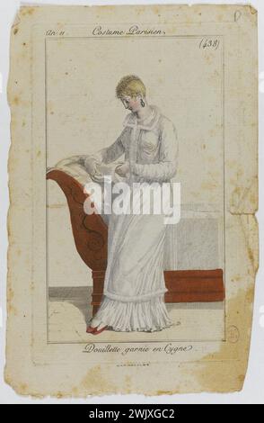 Tagebuch der Damen und Mode. Pariser Kostüm, Brett 438. "Küste in Schwänen garniert". 1802-03. Gravur. Galliera, Modemuseum der Stadt Paris. Junge Frau in Pariser Kostümen, mit einem gemütlichen weißen Schwan, gestützt auf einem Bett im Directory-/Empire-Stil und liest einen Brief. Ein XI, Konsulat, Pariser Kostüm, Schwan, gemütlich, Junge Frau, Damen und Mode Zeitung, lesen, Blatt lesen, weibliche Mode, weibliches Modell, Platine 438, Gravur Stockfoto