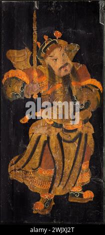 Victor Hugo (1802–1885), französischer Schriftsteller. Chinesische Lounge, Einrichtung aus Juliette Drouets Haus in Guernsey. Südwand, zwei figurative Tafeln (bewaffnete Chinesen). Polychromes, graviertes Holz. 1857-1864. Paris, das Haus von Victor Hugo. 77436-18 Kunsthandwerk, Kunstdekorative, ernstes Holz, chinesisches Kabinett, Chinoiserie, Kämpfer, Krieger, Menschenwaffe, orientalischer Einfluss, Orientalismus, Holztafel, Schriftzug, chinesisches Wohnzimmer, 19. XIX. 19. 19. Jahrhundert, Stich Stockfoto
