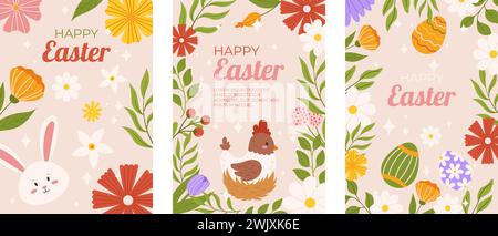 Ostersammlung mit vertikalen Grußkarten-Vorlage. Design mit Blumenrahmen, bemalten Eiern, Häschen und Huhn im Nest. Handgezeichnete flache Vektorillu Stock Vektor