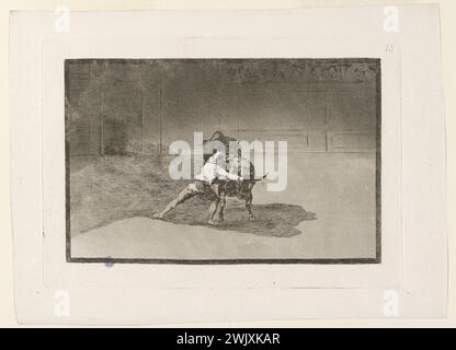 Francisco Goya (1746-1828). "Tauromachie - Pl. 15 - El Famoso Martincho Poniendo Backet al Quiebro - H 218 III 1'. Essen, Trockenspitze, Meißel und Aquatint, BRUNISSOIR Works - erste Ausgabe. Museum der Schönen Künste der Stadt Paris, Petit Palais. Tauromachie - Pl. 15 - der berühmte Martincho, der den Konkurs mit Fahnen belegt - H 218 III 1 Konfrontation, Aquatint, Balerille, Balerillero, Bull, Stierkampf, Stierkampf, Meißel und Aquatinte, Meißel, Corida, Dry Point, Eau-Forte, Ätzen, Kampf, First Edition, Matador, Single Pointe, Premiere Edition, Taureau, Torero, Kampf, Kampf, Kampf, Stockfoto