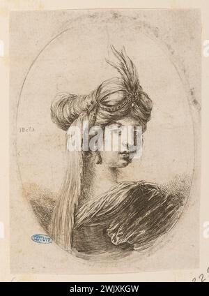 Della Bella, Stefano (dit étienne de la Belle) (Nr. 1610-05-18-D.1664-08-22), mehrere Köpfe tragen den Persischen. Frau von hinten gesehen mit einem Turban, der mit einem Reiher verziert ist, von dem ein Schleier auf dem Rücken abfällt. Vierte Ausgabe einer 12-teiligen Suite. (A. de Vesme 184; Dutuit 172) (Haupttitel). Ätzen. Petit Palais, Museum der Schönen Künste der Stadt Paris. Stockfoto