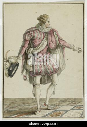 Pierre Thomas Leclerc (1740-APR. Nr. 1799). „Kostüm für Tennisbälle“. Zeichnung für das 18. Französische Kostümheft, 12. Suite modischer Kleider 1779, herausgegeben von Esnaults und Rapilly, pl. 107, graviert von Dupin. Kostüm für die Bälle auf dem Platz: "diese Gewohnheit ist aus der Zeit Henri IV. nachgeahmt", wurde zu den Bällen und Festen der Brüder des Königs gebracht, um den Erzherzog von Österreich zu empfangen, Hut zu Henri IV, erschöpft auf dem Wappen, Kits, die im französischen Theater für die Wiederaufnahme von Guillaume Tell "adoptiert" wurden, Tragödie. Schwarze Tintenfeder, Farbverbesserung, weißes Papier. 1779. Stockfoto