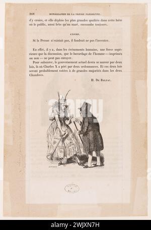 Bernard, E. "Balzac und Allegory der Presse". Balzac, Honoré de (1799-1850). Gravur. 1842-1843. Paris, Balzac Haus. 145717-12 Stockfoto