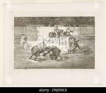 Francisco Goya (1746-1828). "Tauromachie- PL.29- Pepe ILLO HACIENDO EL RECORT AL Tor 2 232 I2". Ätzung und teilweise aquattenter Punkt-Punkt. Museum der Schönen Künste der Stadt Paris, Petit Palais. Tauromachie - PL29 - Pepe Iillo macht den Stier Schnitt - H 232 i2 Arene, Reiter, Pferd, Ätzen, Stier Stockfoto