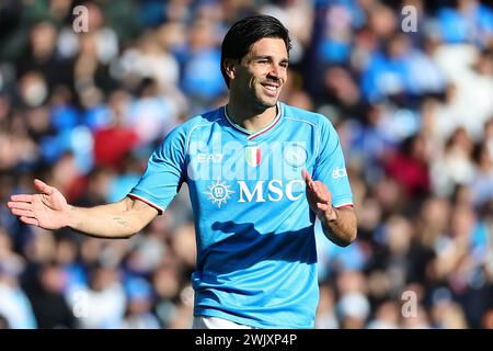 Neapel, Italien. Februar 2024. Giovanni Simeone vom SSC Napoli Gesten während des Fußballspiels der Serie A zwischen SSC Napoli und Genua CFC im Diego Armando Maradona Stadion in Neapel (Italien), 17. Februar 2024. Quelle: Insidefoto di andrea staccioli/Alamy Live News Stockfoto