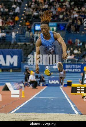 Birmingham, Großbritannien. Februar 2024. 17/18. Februar 2024, Utilita National Indoor Arena, Birmingham, Großbritannien. Veranstaltung: 2024 Leichtathletikmeisterschaften in Großbritannien. Bildunterschrift: Jordan Aki-Sawyerr (Triple Jump) Bild: Mark Dunn / Alamy Live News (Sport) Credit: Mark Dunn Photography/Alamy Live News Stockfoto