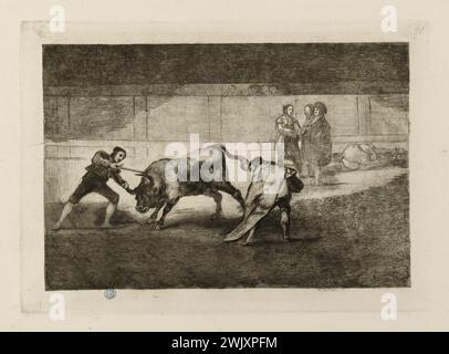 Francisco Goya (1746-1828). „Tauromachie, Variant State Test (Platte 30): Pedro Romero tötet einen Stier, wenn er gestoppt wird“. Ätzen. Museum der Schönen Künste der Stadt Paris, Petit Palais. Tauromachie - Pedro Romero tötet einen Stier an der Haltestelle AMPHITHEATRE, ARENE, ARRET, STIERKAMPF, STIERKAMPFARENA, CORRIDA, EAU-FORTE, ÄTZEN, TÖTEN, STOP, TAUREAU, TOREADOR, TUER Stockfoto