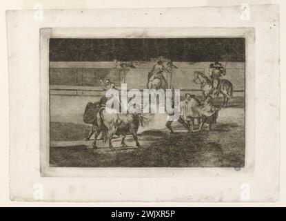 Francisco Goya (1746-1828). "TAUROMACHIE-PL. 31- BLOCK VON FUGO- H 234 I2'. Essen, Trocknen, Meißel, Aquatinte und Aquatinte waschen. Museum der Schönen Künste der Stadt Paris, Petit Palais. Tauromachie - PL31 - Feuerfahnen - H 234 i2 Arene, Banderille, Banderillero, Cavalier, Cheval, Eau-Forte, Peon, Picador, Taureau Stockfoto