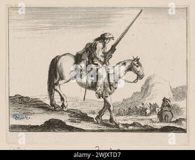 Della Bella, Stefano (dit étienne de la Belle) (Nr. 1610-05-18-D.1664-08-22), angenehme Vielfalt der Figuren, ein Soldat auf dem Pferd, der seinen Karabiner vor sich hält. Zwölfte Nummer einer Serie von 13 Stücken (A. de Vesme 127 bis, dutuit 84) (Haupttitel). Ätzen. Petit Palais, Museum der Schönen Künste der Stadt Paris. Stockfoto