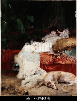 Georges Clairin (1843-1919). Porträt von Sarah Bernhardt (1844-1923), 1876. Museum der Schönen Künste der Stadt Paris, Petit Palais. 24040-15 französische Schauspielerin, Verlängerung, Verlängerung, Haustier, Haustier, vertrautes Tier, weiß, Sofa, Komiker, Diwan, in den Fuß, Eventail, gelb, afghanischer levier, Möbel, Kunstwerk, Porträt, lang, rot, Sofakleid, Tisch, 19. XIX. 19. 19. 19. Jahrhundert, Hund, Möbel, Feder, Kleid Stockfoto