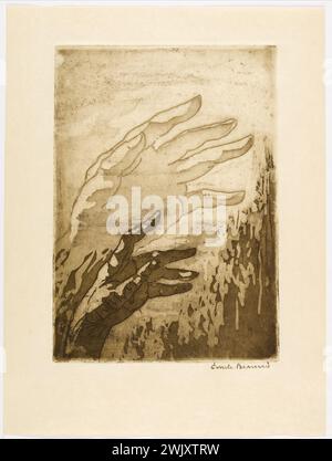 Emile Bernard (1868-1941). Nach den ursprünglichen Radierungen, im 1. Staat auf Japan, für "das Ende des Satans. Erster Zustand der Ätzungen. NR. 19." Jehovas Hand steht dahinter. Etch und Aquatinte. 1935. Paris, Haus von Victor Hugo. 101108-30 Annies 1930 30, Aquatinte, Zeichnung, Gott, Ätzen, Illustration, Hand, Litterianarbeit, Schatten Stockfoto