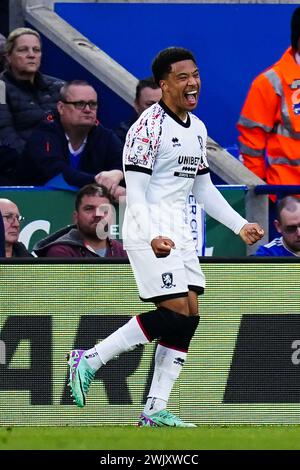 Samuel Silvera von Middlesbrough feiert das zweite Tor ihrer Mannschaft während des Sky Bet Championship Matches im King Power Stadium in Leicester. Bilddatum: Samstag, 17. Februar 2024. Stockfoto