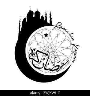 Ramadan Kareem-Logo. Die arabische Textübersetzung ist Ramadhan. Mondsichel, Moschee Silhouette und traditioneller islamischer Rahmen, Vektor-arabisches Design Stock Vektor