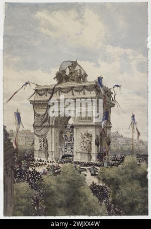 Gewonnen. "Ausstellung des Leichnams von Victor Hugo unter dem Arc de Triomphe, Paris (VIII. Arr.)". Aquarell auf Papier. 31. Mai 1885. Paris, das Haus von Victor Hugo. 100148-10 Triumphbogen, Katafalk, Sarg, Leiche, nationale Trauer, Fahne, französischer Schriftsteller, Begräbnis, Ausstellung, Menschenmenge, Beerdigung, Tribut, Quadrige, Viiieme VIII 8. 8. 8. Arrondissement, 19. XIX. 19. 19. 19. Jahrhundert Stockfoto