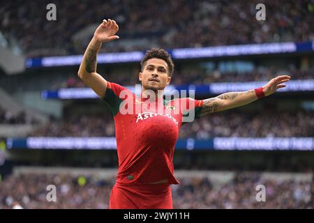 London, Großbritannien. Februar 2024. TORSCHÜTZE Joao Gomes von Wolverhampton Wanderers eröffnet das TOR während des Spiels Spurs vs Wolverhampton Wanderers, Premier League im Tottenham Hotspur Stadium London. Dieses Bild ist NUR für REDAKTIONELLE ZWECKE bestimmt. Für jede andere Verwendung ist eine Lizenz von Football DataCo erforderlich. Quelle: MARTIN DALTON/Alamy Live News Stockfoto