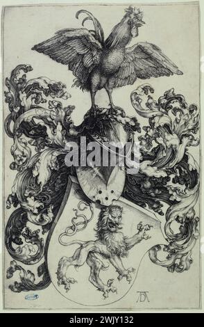 Albrecht Dürer (1471-1528). Coq-Wappen (Bartsch 100). 1500. Museum der Schönen Künste der Stadt Paris, Petit Palais. 77215-14 Wappen, Wappen, Schild, Hahn, ecu, Ecusson, Helm, Heraldic, Löwe, Renaissance, Symbol, Gravur Stockfoto