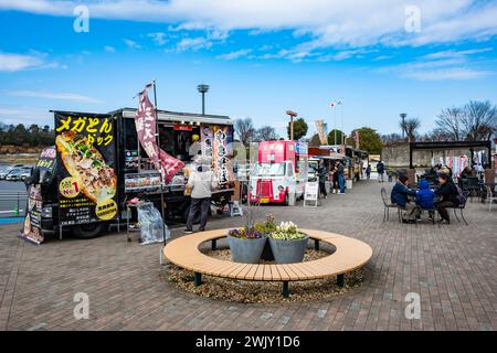 Food Trucks bieten verschiedene Lebensmittel an. Saitama, Japan. Stockfoto