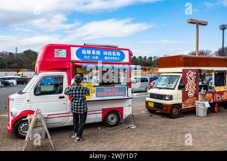 Food Trucks bieten verschiedene Lebensmittel an. Saitama, Japan. Stockfoto