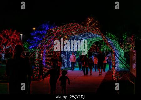 Beim jährlichen Harbor Lights Winter Festival in Gulfport, Mississippi, spazieren Besucher durch einen Tunnel voller Weihnachtslichter Stockfoto