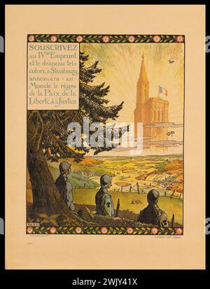 Hansi (Jean-Jacques Waltz, dit). Propagandaplakat. "Unterzeichnen Sie die IV. Kreditaufnahme und die Trikolore-Flagge in Straßburg. Monde die Herrschaft des Friedens, der Freiheit, der Gerechtigkeit. Farblithographie. 1918. Paris, Museum Carnavalet. 100445-15 Illustree Affix Stockfoto