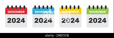 November 2024 Kalender in vier verschiedenen Farben. Kalendersymbol für den november 2024 in Rot, Blau, Gelb und Grün. Flacher Kalender im November. Stock Vektor