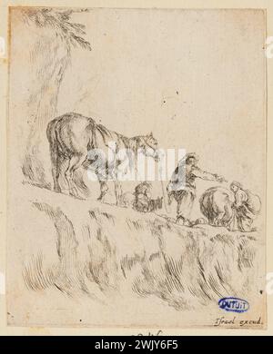 Della Bella, Stefano (dit étienne de la Belle) (Nr. 1610-05-18-D.1664-08-22), verschiedene Figuren und Kratzer. Soldat zu Fuß auf einem Bergweg, indem er sein Pferd am Zaumzeug führt, gefolgt von einem Reiter und einer Frau, die in der Nähe seines Pferdes spazieren. Siebte Ausgabe einer Suite mit 23 Teilen. (A. de Vesme 465; Dutuit 123) (Haupttitel). Ätzen. Petit Palais, Museum der Schönen Künste der Stadt Paris. Stockfoto