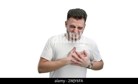 Ein Mann, Nahaufnahme, auf weißem Hintergrund, müde Stockfoto