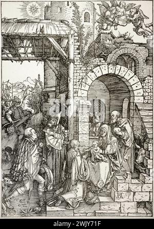 Albrecht Dürer (1471-1528). "Die Anbetung der Magi Bartsch 87". Holzstich, um 1503. Museum der Schönen Künste in Paris, Petit Palais. Anbetung, Bibel, Katholisch, Christ, Christus, Holzstich, Magier, Geburt, Neues Testament, Opfergabe, König Magier, Anwesend Stockfoto