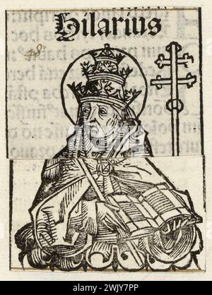 Ein 1493 Kupferstich von Papst Hilarius, auch bekannt als Papst Hilarius, der von 461 bis 468 päpstlich war. Er war der 46. Papst. Der Stich stammt aus der Nürnberger Chronik. Stockfoto