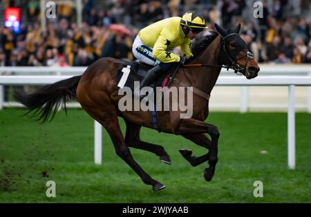 Ascot Racecourse, Großbritannien, Samstag, 17. Februar 2024; Anno Power und Jockey Jonathan Burke gewinnen das britische EBF Mares Open National Hunt Flat Race für Trainer Harry Fry und Besitzer Pat & Edward Dolan-Abrahams. Credit JTW equine Images / Alamy. Stockfoto