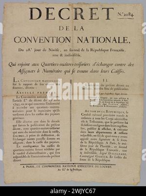 National Executive Printing, Dekret/Nr. 2084./ des Nationalkonvents,/ vom 28. Nivôse Tag, der zweite Tag der Französischen Republik,/ UN & unteilbar,/ der die Schatzmeister-Bezirke dazu auffordert, das Geld gegen die in ihren Boxen befindlichen Personen einzutauschen. (Eingetragener Titel (Schreiben)), 1794. Typografie. Carnavalet Museum, Geschichte von Paris. Politik, Geschichte, Französische Revolution, 1789-1799, Verwaltung, Dekret, Nationalversammlung, Schatzmeister, Zuweisungsrat, Silber, Finance, Jean Dalbarade (dit le 'Bayonnais') (1743–1819), Louis Jérôme Gohier (1746–1830), typographisches Poster ohne Grenzen Stockfoto