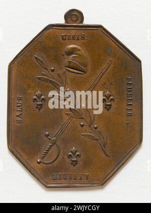 Anonym. „Salus Urbis“. Kupfer abgelehnt, 1790. Paris, Carnavalet Museum. 56701-6 Averse, Waffe, rote Kappe, Zweig Olivier, konstituent, Kupfer abgestoßen, Motto, Stolz, fidelite, Blumenlilie, Freiheit, Medaille, Numismatik, Revolutionszeit, phrygisch, französische Revolution, Salus, urbis Stockfoto