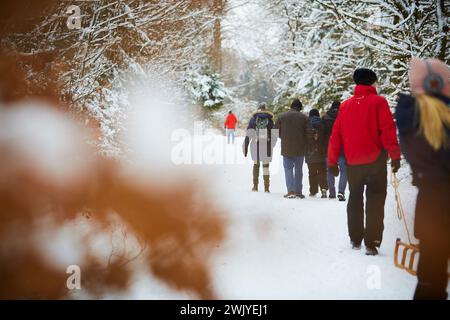 Winterlandschaft in Warstein, Schneewanderung zum Lörmecke Turm, Aussichtsplattform, Kreis Soest, Sauerland, NRW, Deutschland, Europa, Deutschland, Europa Stockfoto