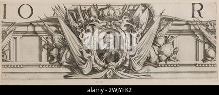 Jacques Callot (1592-1635). "Hauptquartier von La Rochelle, zweite Grenze von oben nach Mitte, Porträt von Ludwig XIII." (Lieure 660, Meaume 513). Ätzen. 1629-1630. Museum der Schönen Künste der Stadt Paris, Petit Palais. 99596-24 Ätzen, Gravieren Stockfoto