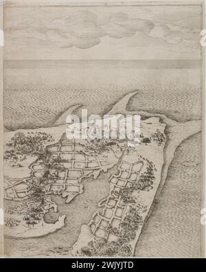 Jacques Callot (1592-1635). "Hauptsitz der Zitadelle von Saint Martin in der Ile de Ré, drittes Blatt oben, rechts" (Lieure 654, Meaume 522). Ätzen. 1629-1630. Museum der Schönen Künste der Stadt Paris, Petit Palais. 99597-14 Ätzen, Gravieren Stockfoto