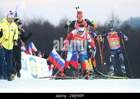 © Pierre Teyssot/MAXPPP ; Biathlon-Weltmeisterschaften Nove Mesto 2024 IBU . Nove Mesto na Morave, Tschechische Republik am 17. Februar 2024. Männer 4 x 7,5 km Relais. Schweden gewinnt vor Norwegen und Frankreich. Michal Krcmar (CZE) © Pierre Teyssot/Maxppp Credit: MAXPPP/Alamy Live News Stockfoto