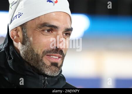 © Pierre Teyssot/MAXPPP ; Biathlon-Weltmeisterschaften Nove Mesto 2024 IBU . Nove Mesto na Morave, Tschechische Republik am 17. Februar 2024. Männer 4 x 7,5 km Relais. Schweden gewinnt vor Norwegen und Frankreich. Simon Fourcade (FRA) © Pierre Teyssot/Maxppp Credit: MAXPPP/Alamy Live News Stockfoto