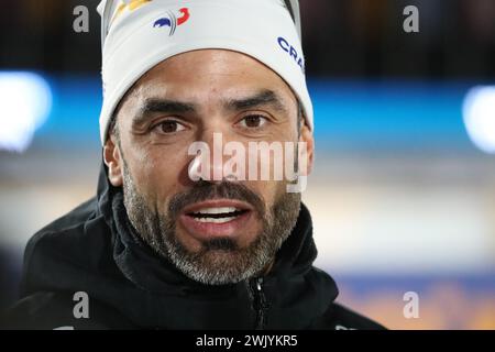 © Pierre Teyssot/MAXPPP ; Biathlon-Weltmeisterschaften Nove Mesto 2024 IBU . Nove Mesto na Morave, Tschechische Republik am 17. Februar 2024. Männer 4 x 7,5 km Relais. Schweden gewinnt vor Norwegen und Frankreich. Simon Fourcade (FRA) © Pierre Teyssot/Maxppp Credit: MAXPPP/Alamy Live News Stockfoto