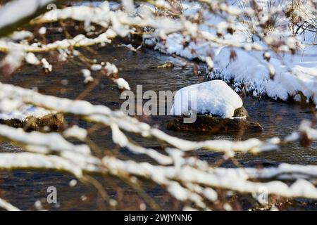 Hohler Stein im Lörmecke Tal bei Rüthen-Kallenhardt, im Schnee Januar 2024, Nordreihn-Westfalen, Deutschland, Europa Stockfoto