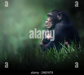 Mutter und Kind eines Schimpansen (Pan troglodytes) Stockfoto