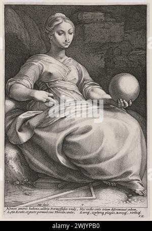 Hendrik Goltzius (1561-1641). "Die neun Musen: Erato. Siebte Nummer einer Sequenz von 9 Stück. (Hollstein 154; Bartsch 152)". Meißel. 1592. Museum der Schönen Künste der Stadt Paris, Petit Palais. 123048-10 Chisel, 16. 16. XVI. 16. 16. 16. 16. Zentrum Stockfoto