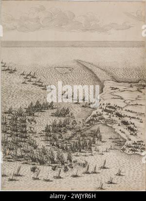 Jacques Callot (1592-1635). "Hauptsitz der Zitadelle von Saint Martin in der Ile de Ré, erstes Blatt von oben, links" (Lieure 654, Meaume 522). Ätzen. 1629-1630. Museum der Schönen Künste der Stadt Paris, Petit Palais. 99597-12 Ätzen, Gravieren Stockfoto