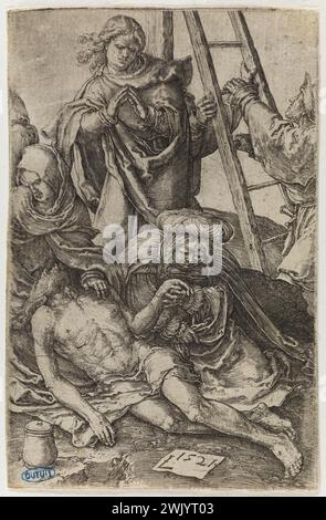 Lucas de Leyde (1494-1533). 'Leidenschaft': 14 Teller - 11. "Die Herabfahrt des Kreuzes" - Bartsch 53. Meißel. 1521. Museum der Schönen Künste der Stadt Paris, Petit Palais. 73055-4 religiöse Kunst, Bibel, Meißel, der Weg des Kreuzes, toter Christus, Christentum, anständiges Kreuz, Schmerz, niederländische Schule, Stampe, Heilige Geschichte, religiöse Ikonographie, Eindruck in kohlensäurehaltiger Größe, Mont Golgotha, Werkkunst, Passion Christi, biblischer Charakter biblisches Rezit, biblische Szene, 8. 8. 8. 8. 8. 8. 8. 8. 8. 8. 8 8. Arrondissement, 16. 16. 16. 16. 16. 16. Zentrum, Gravur Stockfoto